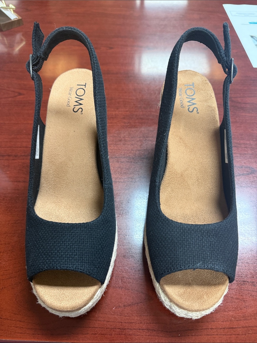 TOMS Black Open-Toe Slingback Espadrille Wedges